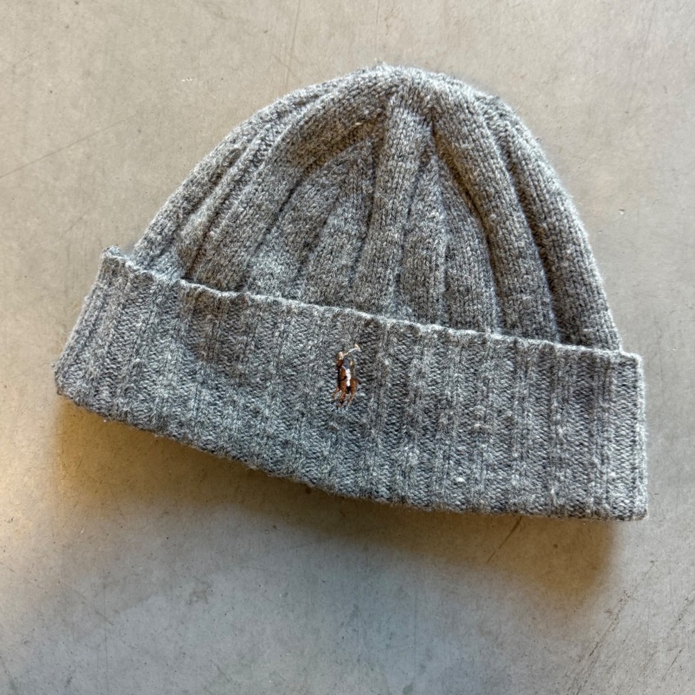 Polo Ralph Lauren Mens Grey 100% Lambswool Ribbed Knit Beanie Hat One Size